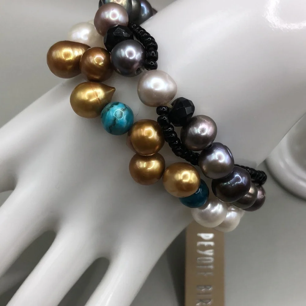 Peyote Bird Peacock Pearls Stretch Bracelet + Free Artisan Pearl Bracelet